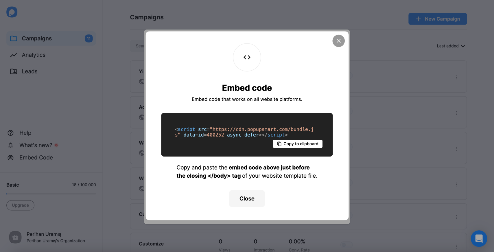 Popupsmart embed code